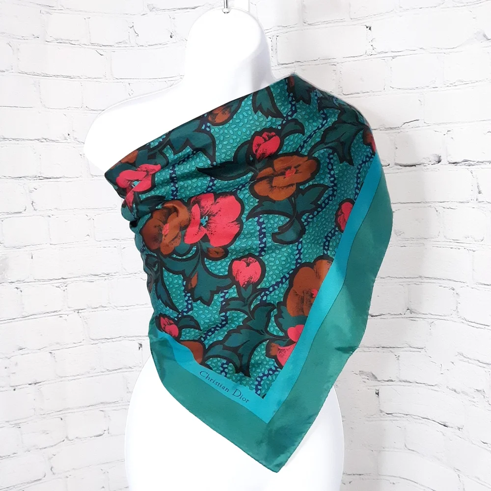 CHRISTIAN DIOR VTG Teal Red Floral Silk Scarf